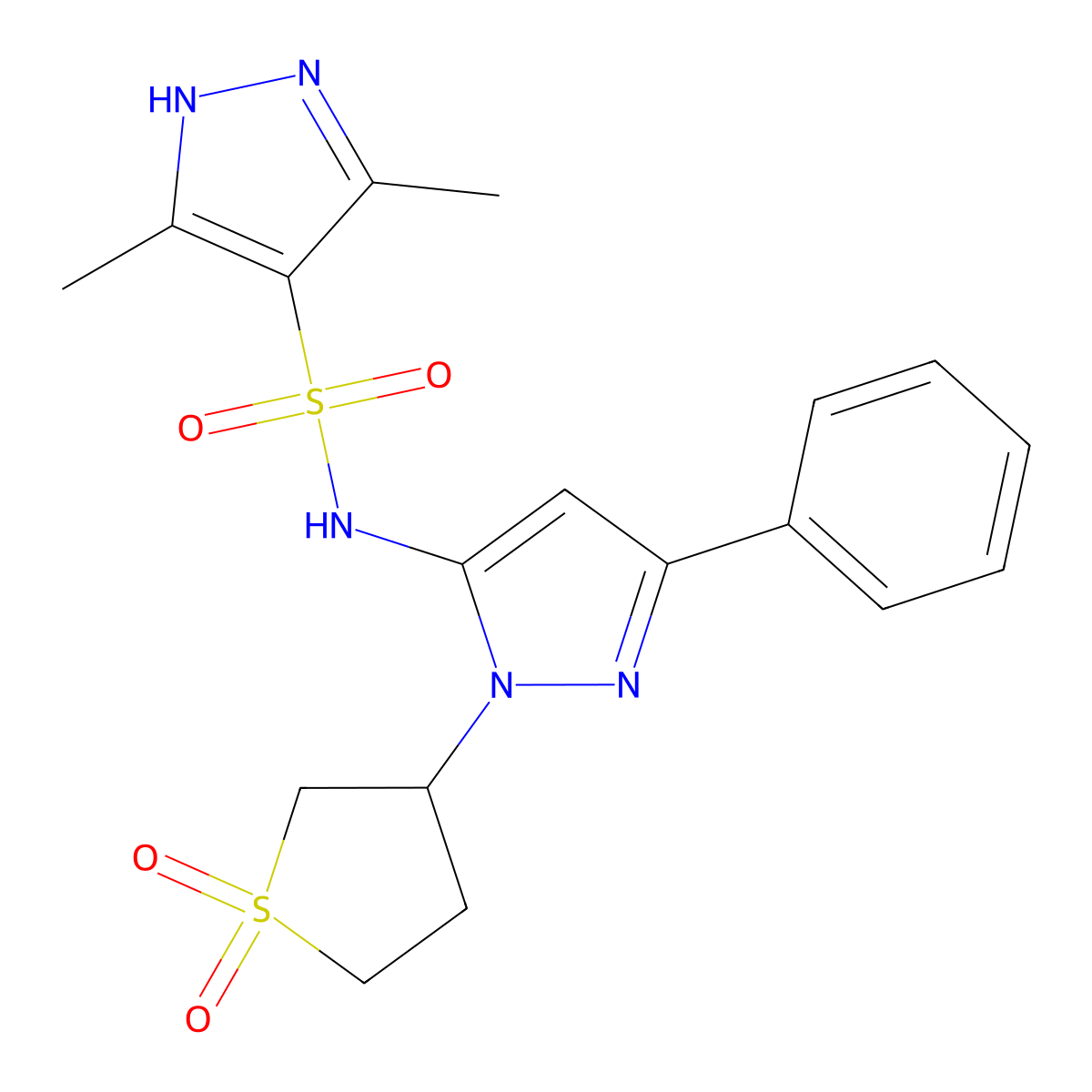 N-(1-(1,1-dioxidotetrahydrothiophen-3-yl)-3-phenyl-1H-pyrazol-5-yl)-3,5-dimethyl-1H-pyrazole-4-sulfonamide molecular structure, CAS 1106885-77-1