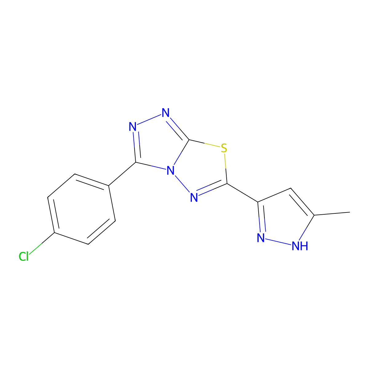 3-(4-chlorophenyl)-6-(3-methyl-1H-pyrazol-5-yl)[1,2,4]triazolo[3,4-b][1,3,4]thiadiazole molecular structure, CAS 1107045-24-8