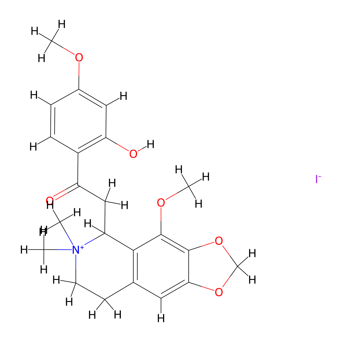 1-(2-hydroxy-4-methoxyphenyl)-2-(4-methoxy-6,6-dimethyl-7,8-dihydro-5H-[1,3]dioxolo[4,5-g]isoquinolin-6-ium-5-yl)ethanone;iodide molecular structure, CAS 1107061-08-4