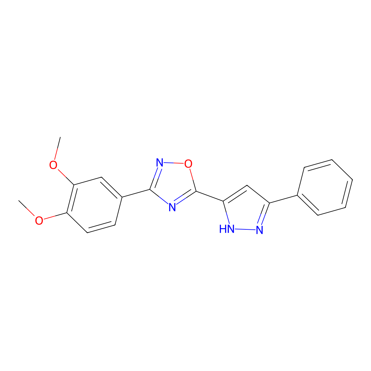 3-(3,4-dimethoxyphenyl)-5-(3-phenyl-1H-pyrazol-5-yl)-1,2,4-oxadiazole molecular structure, CAS 1107061-66-4