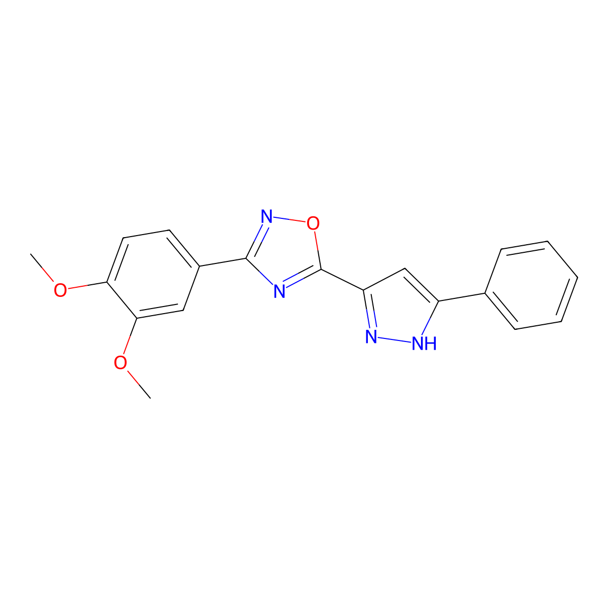 3-(3,4-dimethoxyphenyl)-5-(3-phenyl-1H-pyrazol-5-yl)-1,2,4-oxadiazole molecular structure, CAS 1107061-66-4