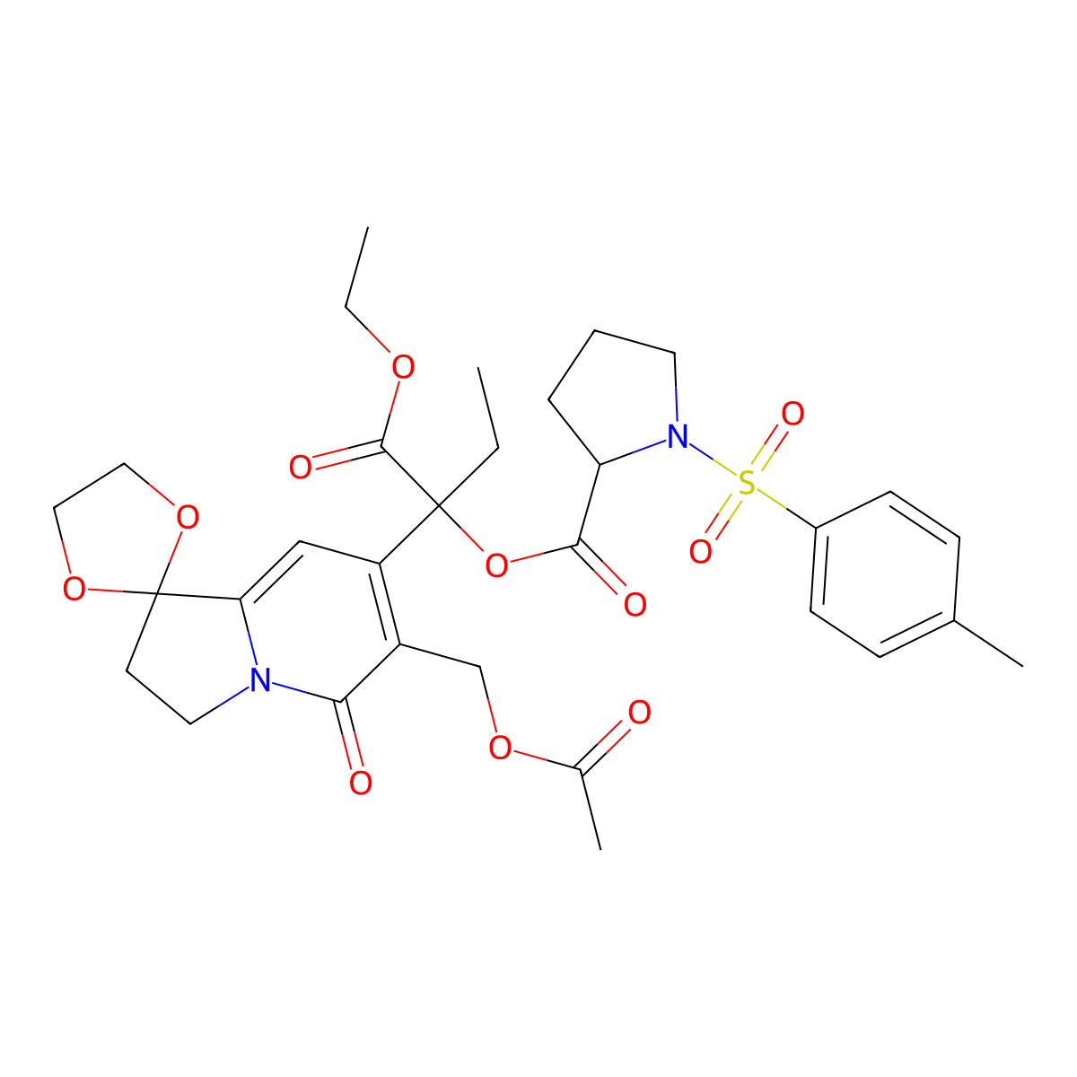 (R)-(S)-2-[6'-(Acetoxymethyl)-5'-oxo-3',5'-dihydro-2'H-spiro[[1,3]dioxolane-2,1'-indolizin]-7'-yl]-1-ethoxy-1-oxo-2-butyl 1-Tosylpyrrolidine-2-carboxylate molecular structure, CAS 110714-46-0