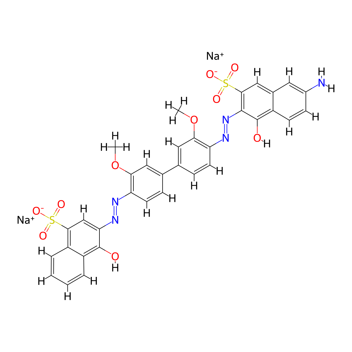1-naphthalenesulfonic acid, 3-((4'-((6-amino-1-hydroxy-3-sulfo-2-naphthalenyl)azo)-3,3'-dimethoxy(1,1'-biphenyl)-4-yl)azo)-4-hydroxy-, disodium salt molecular structure, CAS 110735-25-6