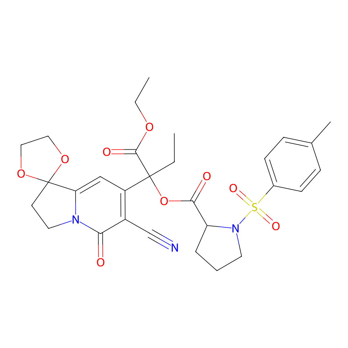 (R)-(S)-2-(6'-Cyano-5'-oxo-3',5'-dihydro-2'H-spiro[[1,3]dioxolane-2,1'-indolizin]-7'-yl)-1-ethoxy-1-oxo-2-butyl 1-Tosylpyrrolidine-2-carboxylate molecular structure, CAS 110742-81-9