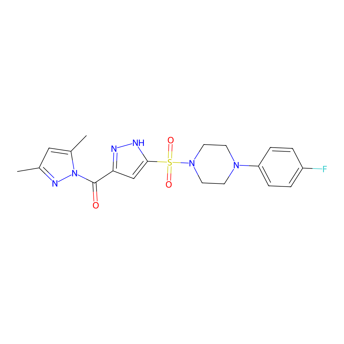 (3,5-dimethyl-1H-pyrazol-1-yl)(3-((4-(4-fluorophenyl)piperazin-1-yl)sulfonyl)-1H-pyrazol-5-yl)methanone molecular structure, CAS 1107471-06-6