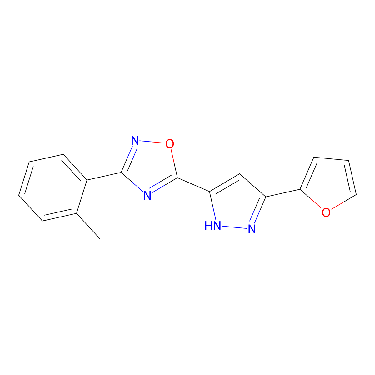 5-[3-(furan-2-yl)-1H-pyrazol-5-yl]-3-(2-methylphenyl)-1,2,4-oxadiazole molecular structure, CAS 1107541-82-1