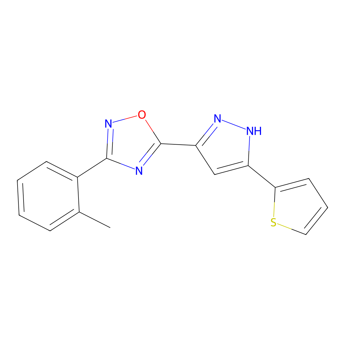 3-(2-methylphenyl)-5-[3-(thiophen-2-yl)-1H-pyrazol-5-yl]-1,2,4-oxadiazole molecular structure, CAS 1107543-42-9