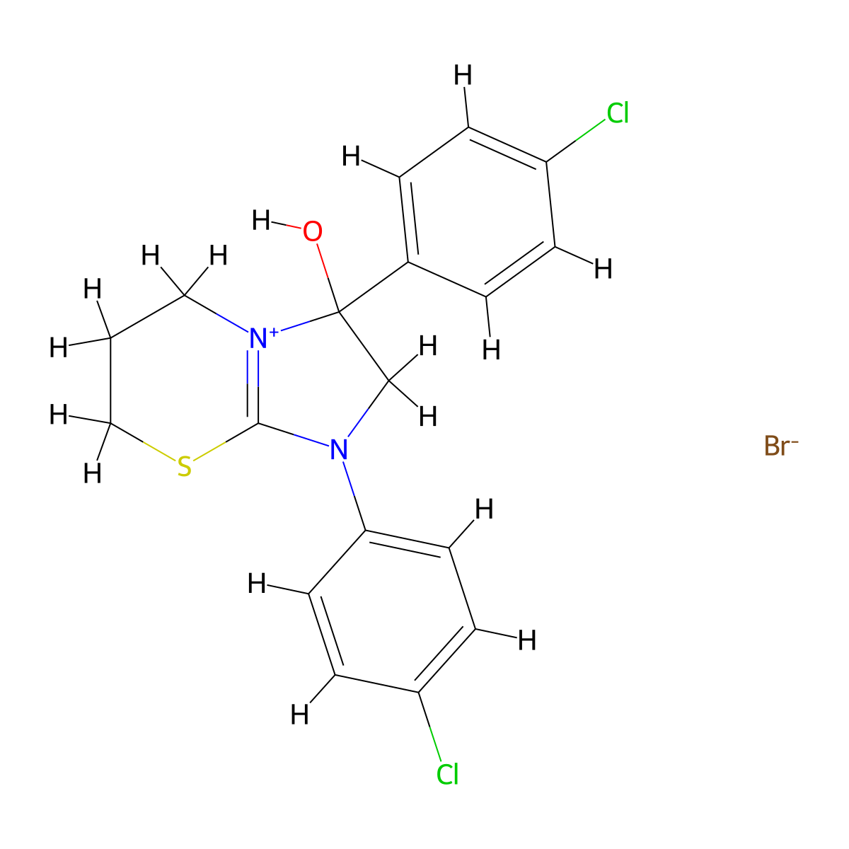 1,3-bis(4-chlorophenyl)-3-hydroxy-3,5,6,7-tetrahydro-2H-imidazo[2,1-b][1,3]thiazin-1-ium bromide molecular structure, CAS 1107547-07-8