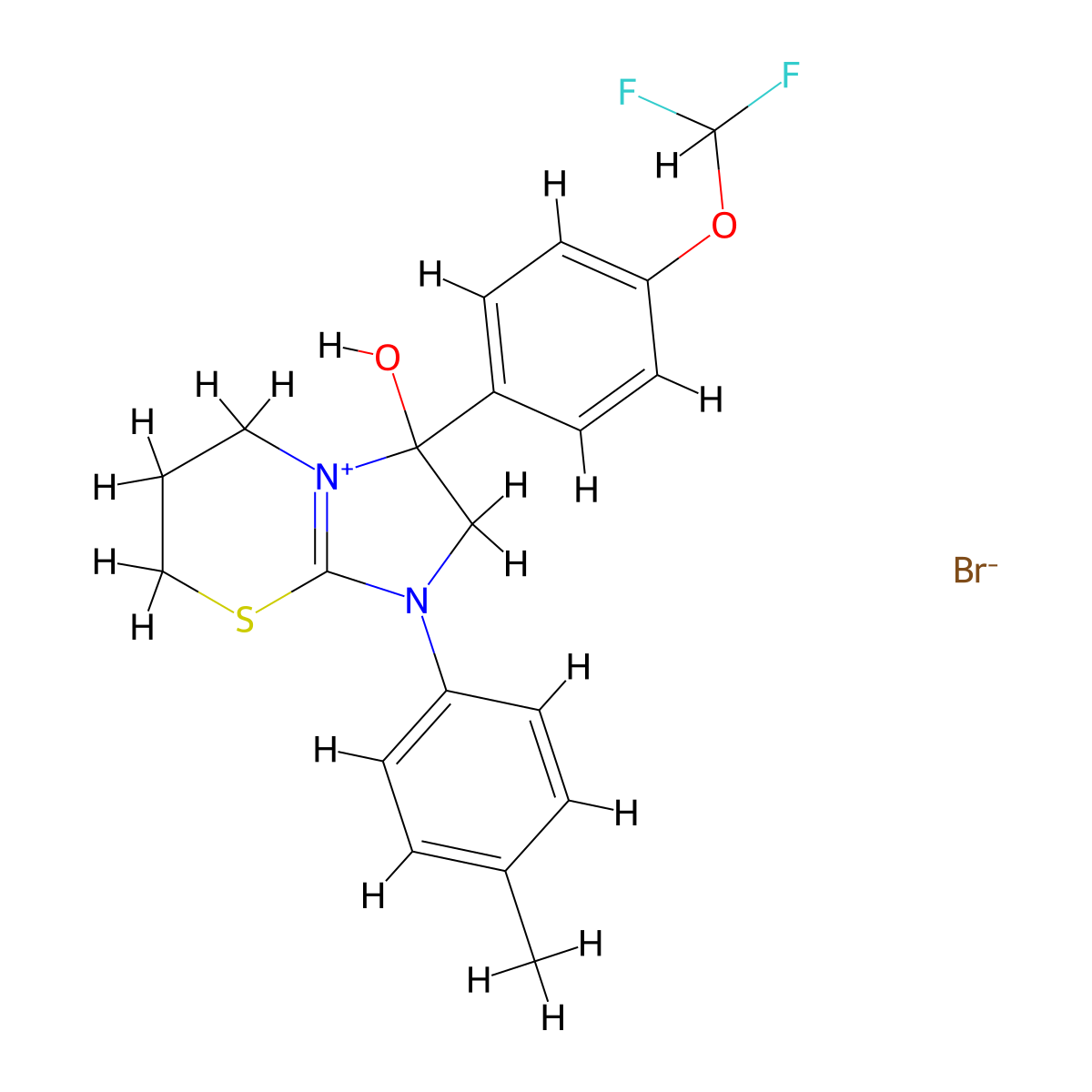 3-(4-(difluoromethoxy)phenyl)-3-hydroxy-1-(p-tolyl)-3,5,6,7-tetrahydro-2H-imidazo[2,1-b][1,3]thiazin-1-ium bromide molecular structure, CAS 1107547-60-3