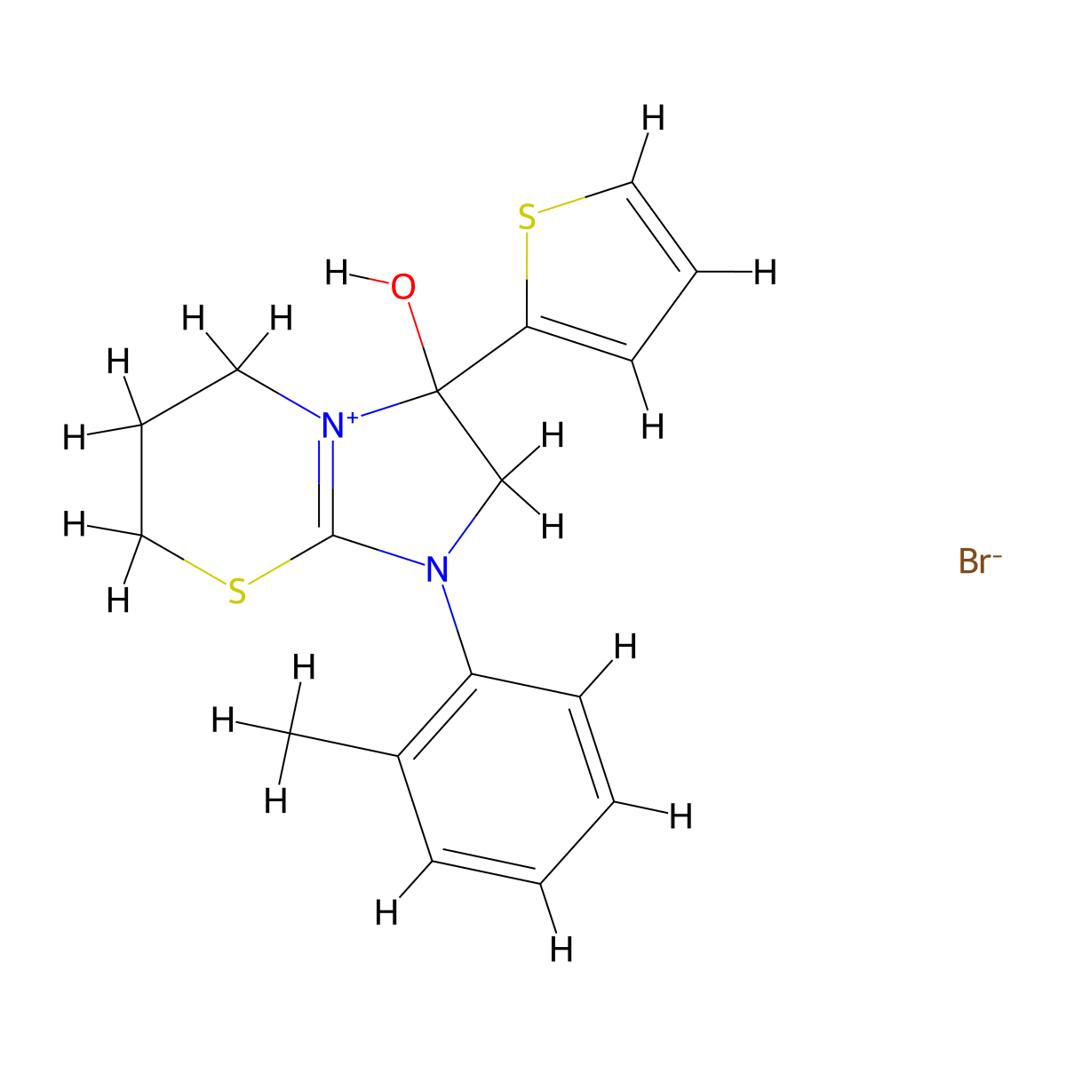 3-hydroxy-3-(thiophen-2-yl)-1-(o-tolyl)-3,5,6,7-tetrahydro-2H-imidazo[2,1-b][1,3]thiazin-1-ium bromide molecular structure, CAS 1107548-48-0