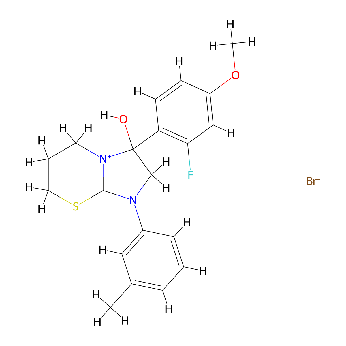 3-(2-fluoro-4-methoxyphenyl)-3-hydroxy-1-(m-tolyl)-3,5,6,7-tetrahydro-2H-imidazo[2,1-b][1,3]thiazin-1-ium bromide molecular structure, CAS 1107548-64-0