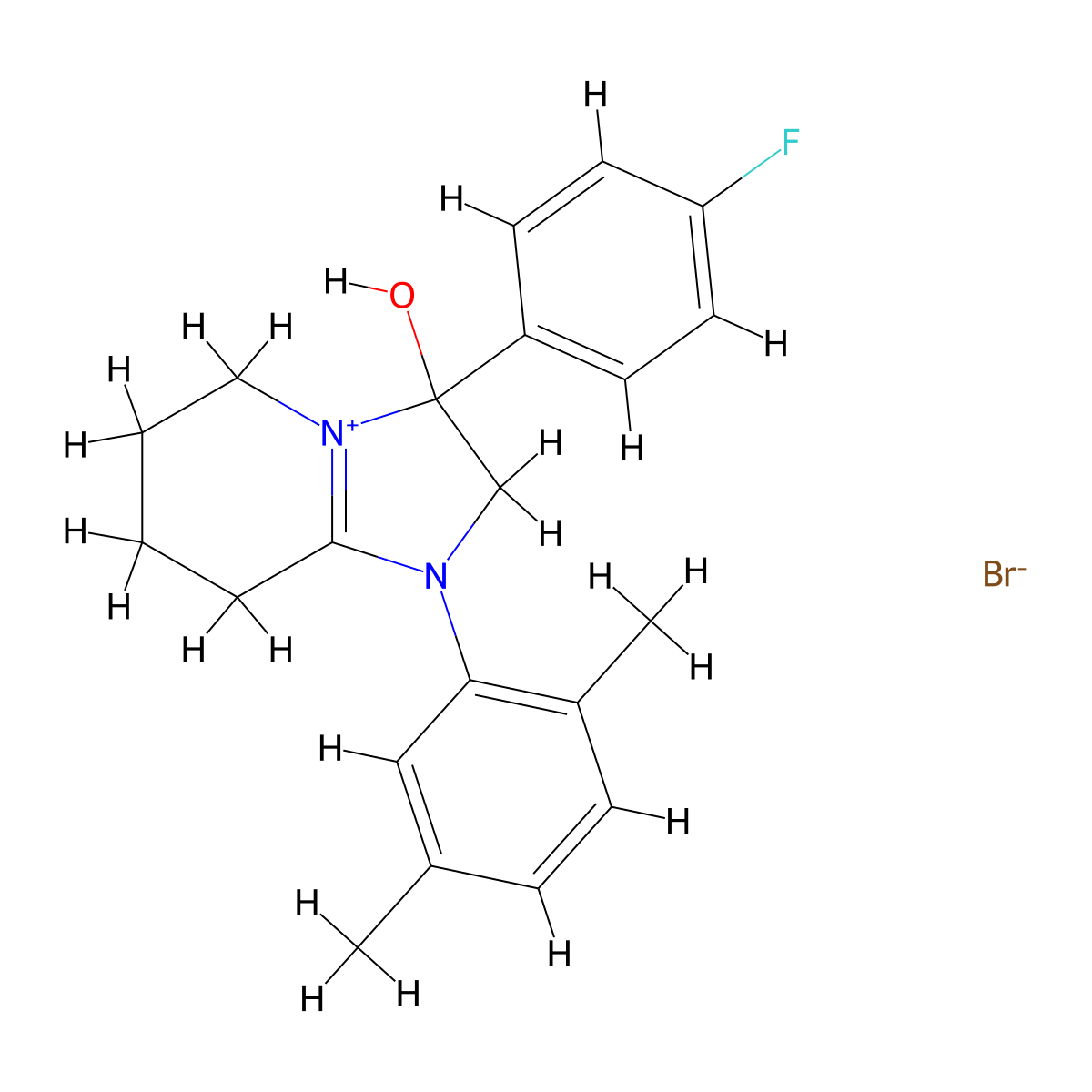 1-(2,5-Dimethylphenyl)-3-(4-fluorophenyl)-3-hydroxy-2,3,5,6,7,8-hexahydroimidazo[1,2-a]pyridin-1-ium bromide molecular structure, CAS 1107549-02-9