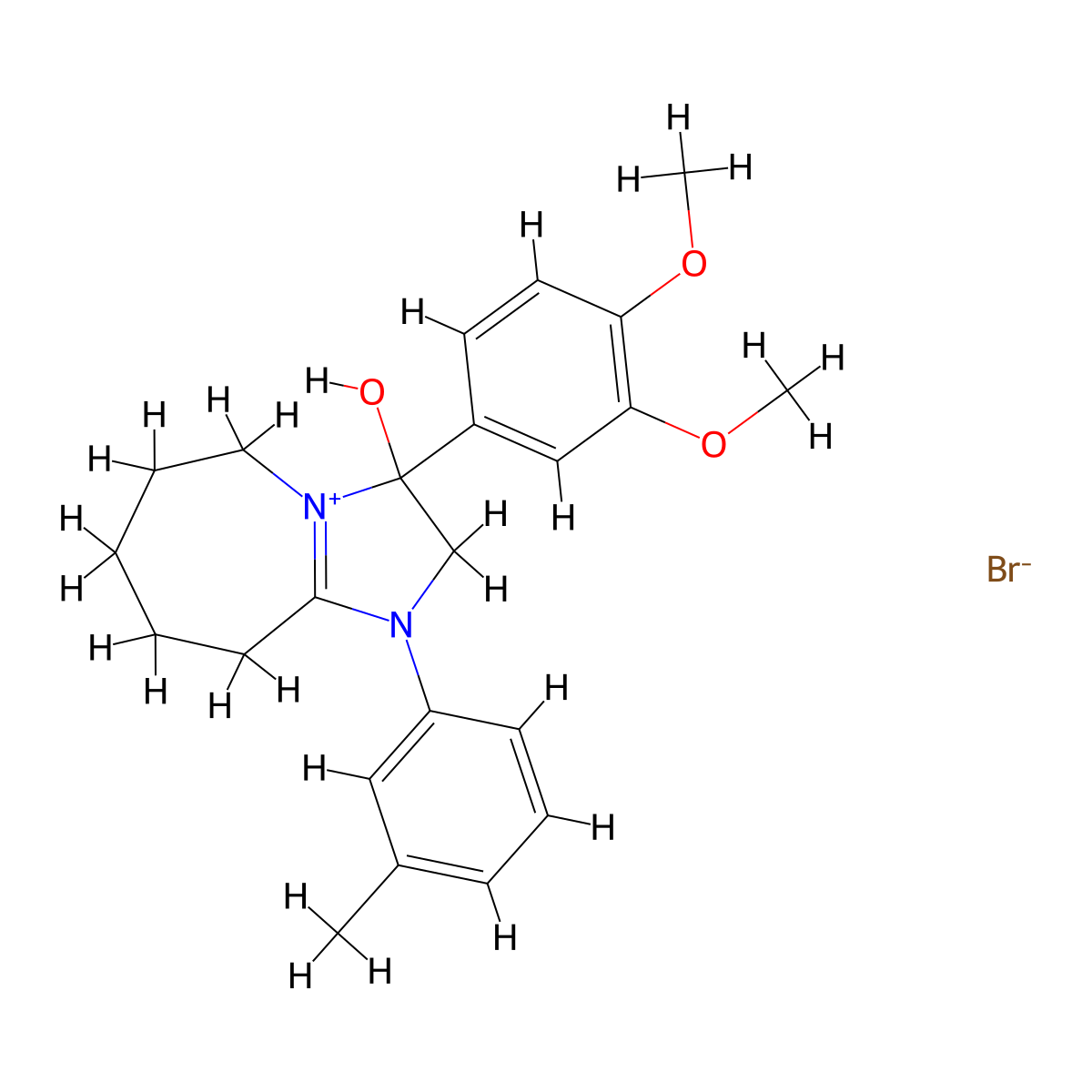 3-(3,4-dimethoxyphenyl)-3-hydroxy-1-(m-tolyl)-3,5,6,7,8,9-hexahydro-2H-imidazo[1,2-a]azepin-1-ium bromide molecular structure, CAS 1107550-46-8