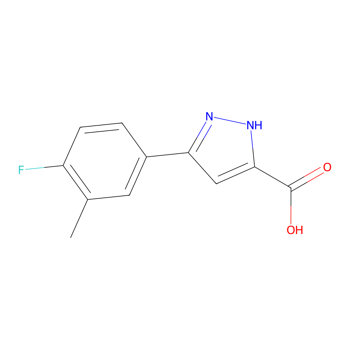 3-(4-fluoro-3-methylphenyl)-1H-pyrazole-5-carboxylic acid molecular structure, CAS 1107591-20-7