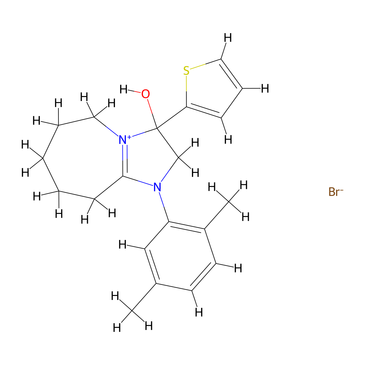 1-(2,5-dimethylphenyl)-3-hydroxy-3-(thiophen-2-yl)-3,5,6,7,8,9-hexahydro-2H-imidazo[1,2-a]azepin-1-ium bromide molecular structure, CAS 1107591-25-2