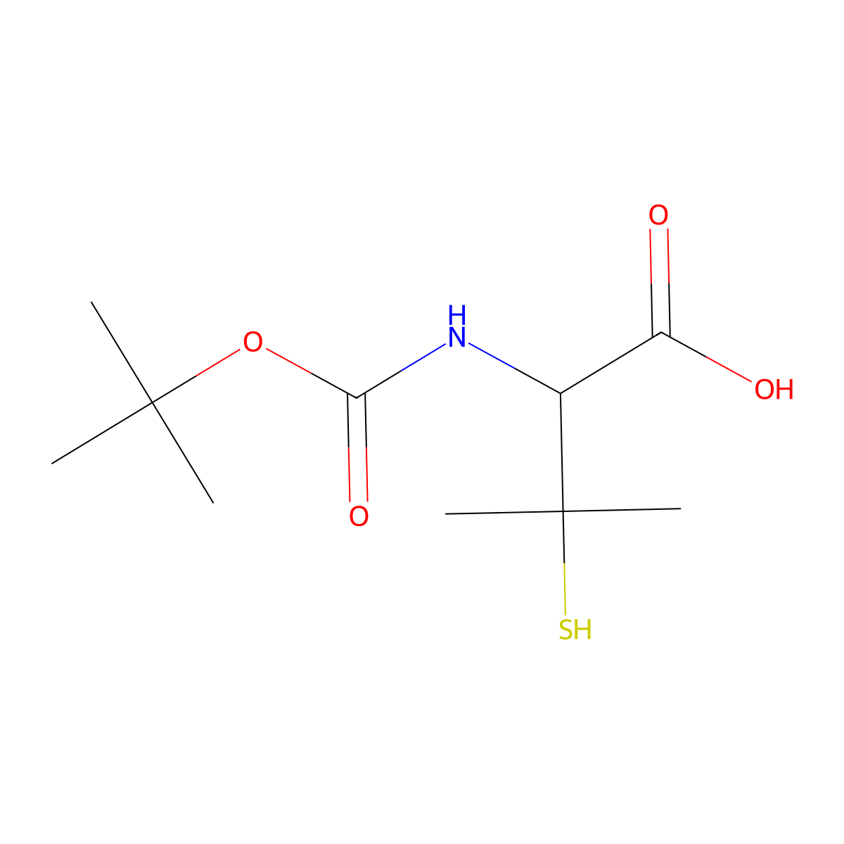 (R)-2-((tert-Butoxycarbonyl)amino)-3-mercapto-3-methylbutanoic acid molecular structure, CAS 110763-40-1