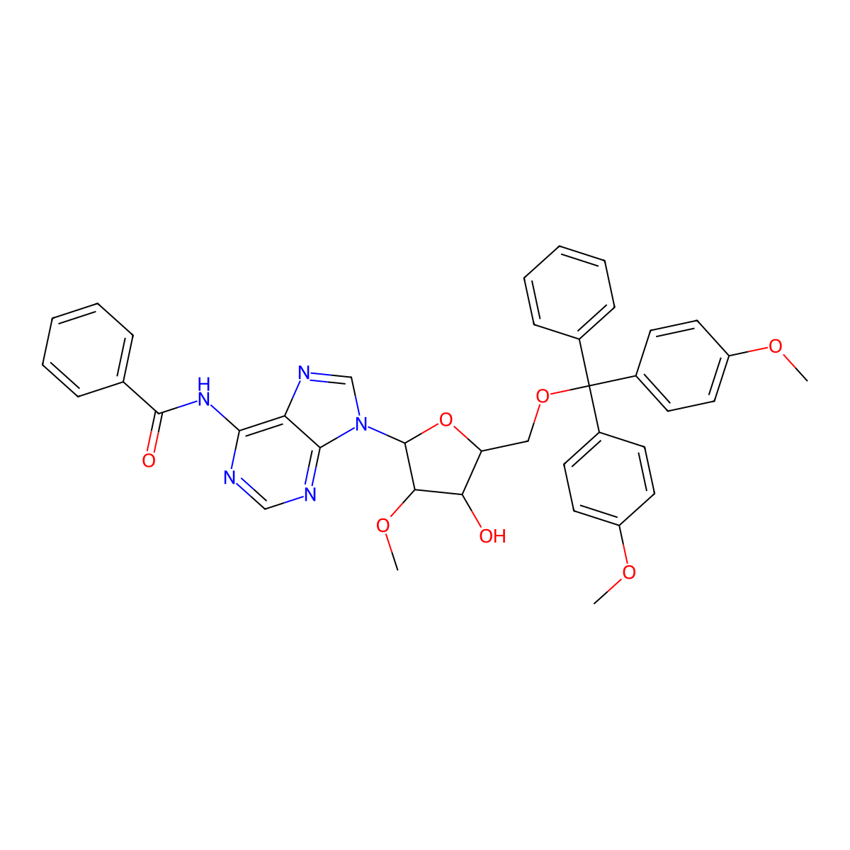 N-(9-((2R,3R,4R,5R)-5-((Bis(4-methoxyphenyl)(phenyl)methoxy)methyl)-4-hydroxy-3-methoxytetrahydrofuran-2-yl)-9H-purin-6-yl)benzamide molecular structure, CAS 110764-72-2