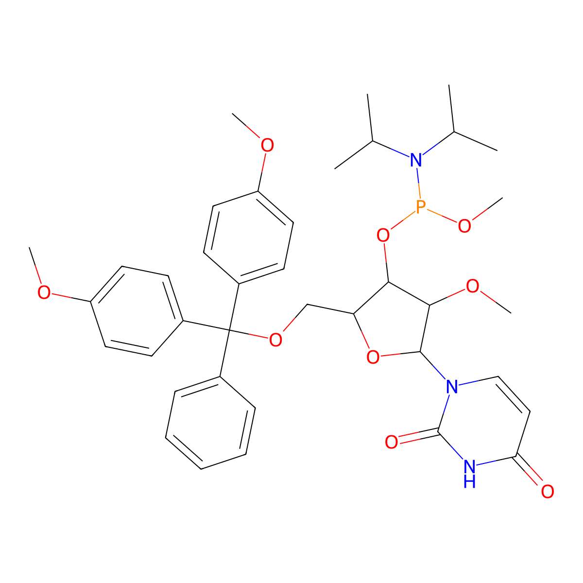 1-[(2R,3R,4R,5R)-5-[[bis(4-methoxyphenyl)-phenylmethoxy]methyl]-4-[[di(propan-2-yl)amino]-methoxyphosphanyl]oxy-3-methoxyoxolan-2-yl]pyrimidine-2,4-dione molecular structure, CAS 110764-77-7