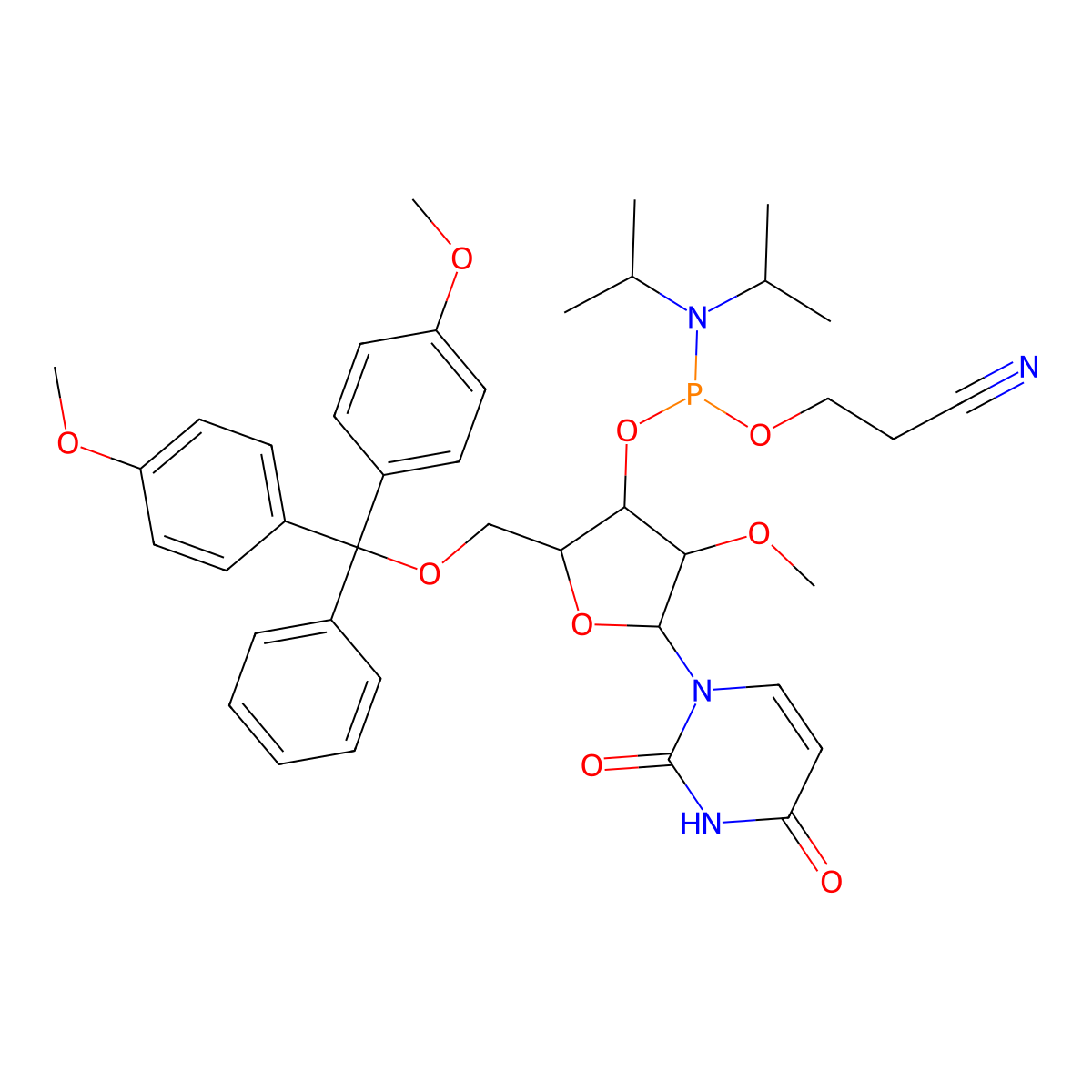 Uridine, 5'-O-[bis(4-methoxyphenyl)phenylmethyl]-2'-O-methyl-, 3'-[2-cyanoethyl N,N-bis(1-methylethyl)phosphoramidite] molecular structure, CAS 110764-79-9