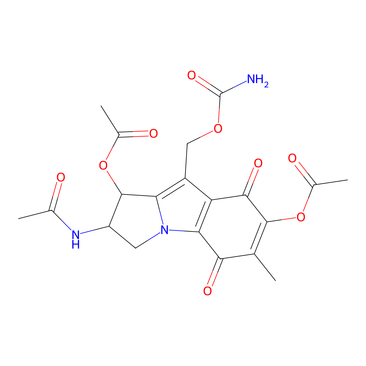 Acetamide, N-(1,7-dihydroxy-5,8-dioxo-9-(hydroxymethyl)-6-methyl-2,3,5,8-tetrahydro-1H-pyrrolo(1,2-a)indol-2-yl)-, 1,7-diacetate 9-carbamate molecular structure, CAS 1108-07-2