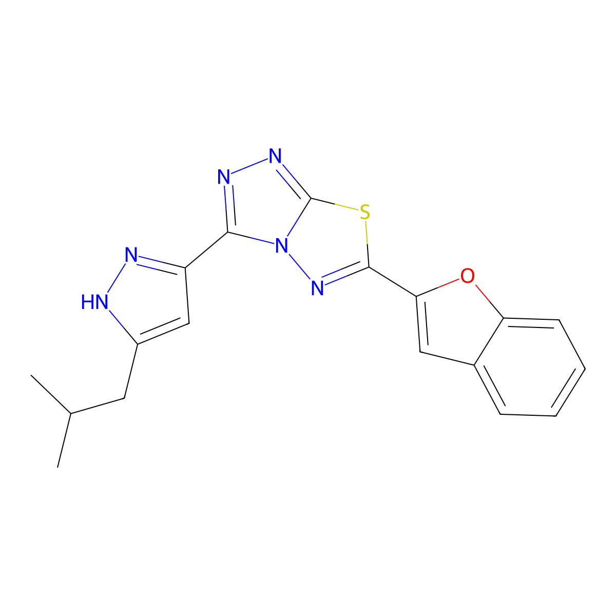 6-(1-benzofuran-2-yl)-3-(3-isobutyl-1H-pyrazol-5-yl)[1,2,4]triazolo[3,4-b][1,3,4]thiadiazole molecular structure, CAS 1108088-58-9