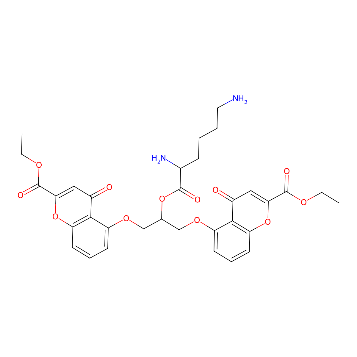 L-Lysine, 2-((2-(ethoxycarbonyl)-4-oxo-4H-1-benzopyran-5-yl)oxy)-1-(((2-(ethoxycarbonyl)-4-oxo-4H-1-benzopyran-5-yl)oxy)methyl)ethyl ester molecular structure, CAS 110816-79-0