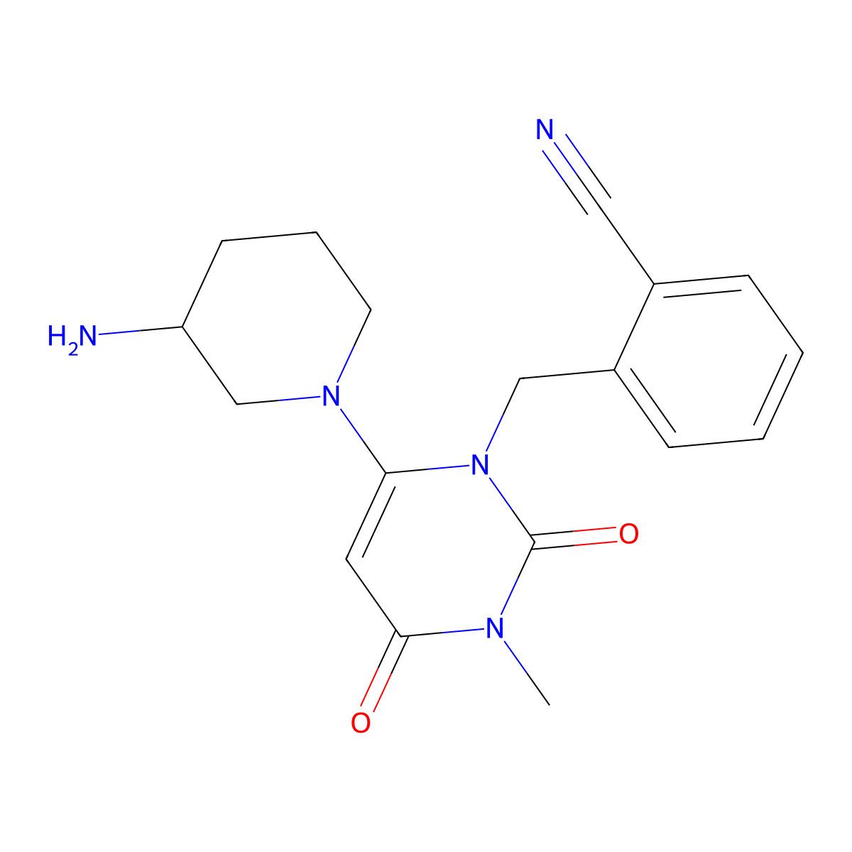 (S)-2-((6-(3-aminopiperidin-1-yl)-3-methyl-2,4-dioxo-3,4-dihydropyrimidin-1(2H)-yl)methyl)benzonitrile molecular structure, CAS 1108732-05-3