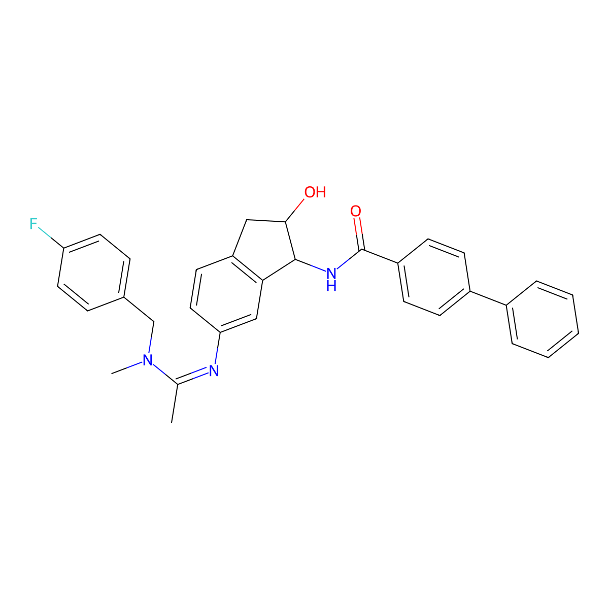 N-[(1R,2R)-6-[1-[(4-fluorophenyl)methyl-methylamino]ethylideneamino]-2-hydroxy-2,3-dihydro-1H-inden-1-yl]-4-phenylbenzamide molecular structure, CAS 1108748-12-4