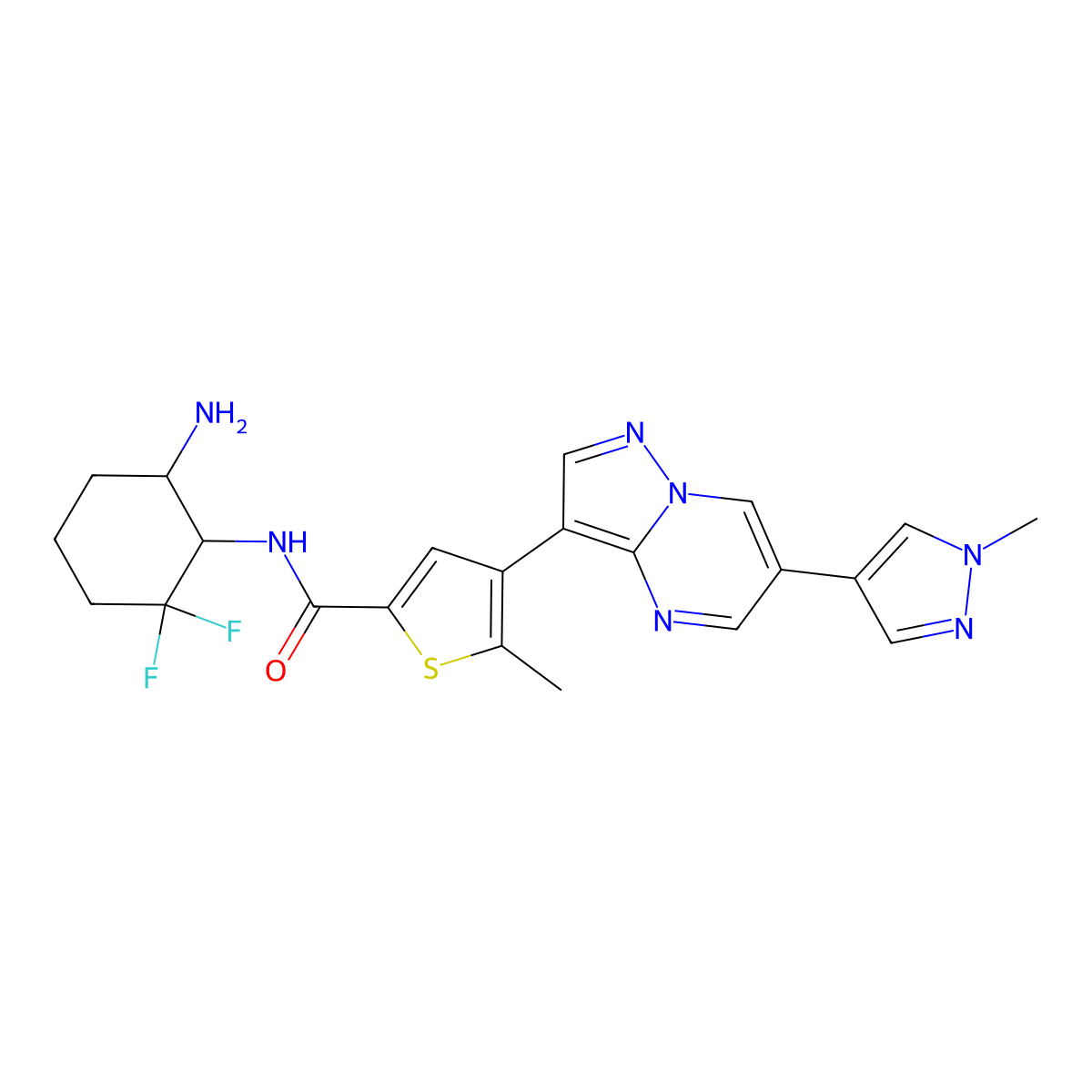 N-((1R,6R)-6-Amino-2,2-difluorocyclohexyl)-5-methyl-4-(6-(1-methyl-1H-pyrazol-4-yl)pyrazolo[1,5-a]pyrimidin-3-yl)thiophene-2-carboxamide molecular structure, CAS 1109283-93-3