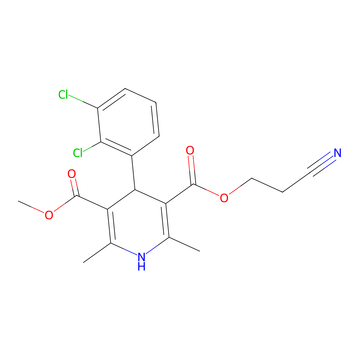 4-(2,3-Dichloro-phenyl)-2,6-dimethyl-1,4-dihydro-pyridine-3,5-dicarboxylic acid 3-(2-cyano-ethyl) ester 5-methyl ester molecular structure, CAS 110962-94-2
