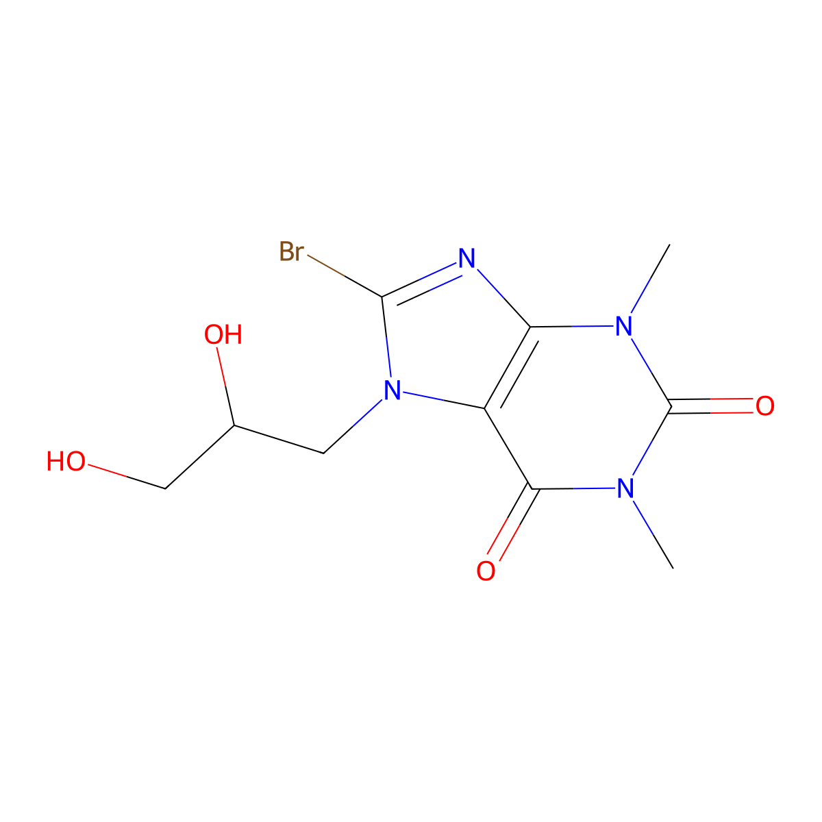 1H-Purine-2,6-dione, 3,7-dihydro-8-bromo-7-(2,3-dihydroxypropyl)-1,3-dimethyl- molecular structure, CAS 111038-24-5