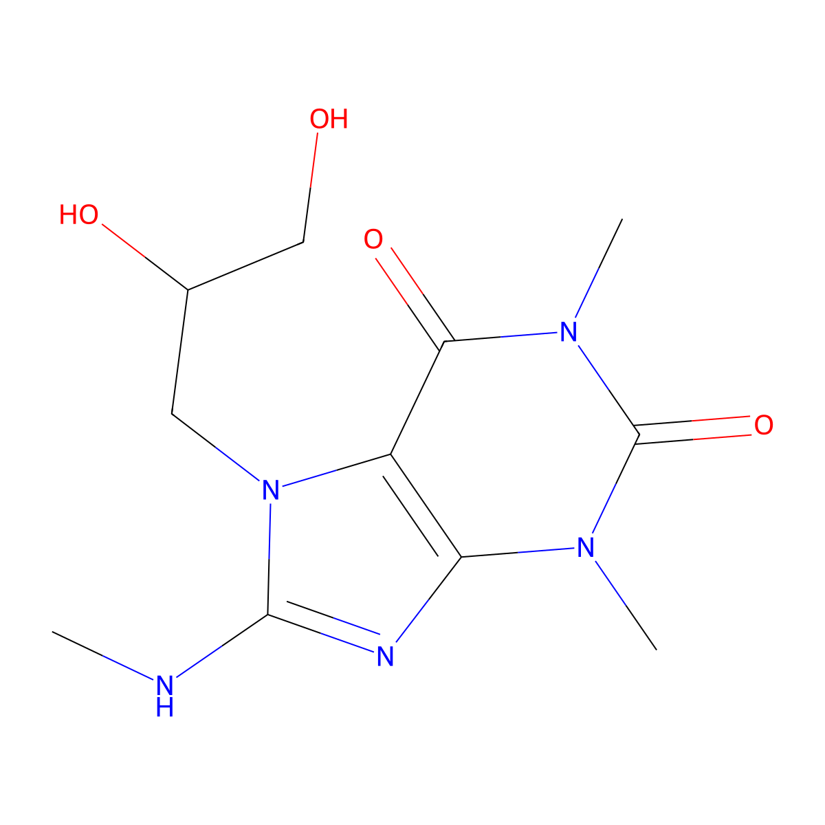 1H-Purine-2,6-dione, 3,7-dihydro-7-(2,3-dihydroxypropyl)-1,3-dimethyl-8-(methylamino)- molecular structure, CAS 111038-26-7