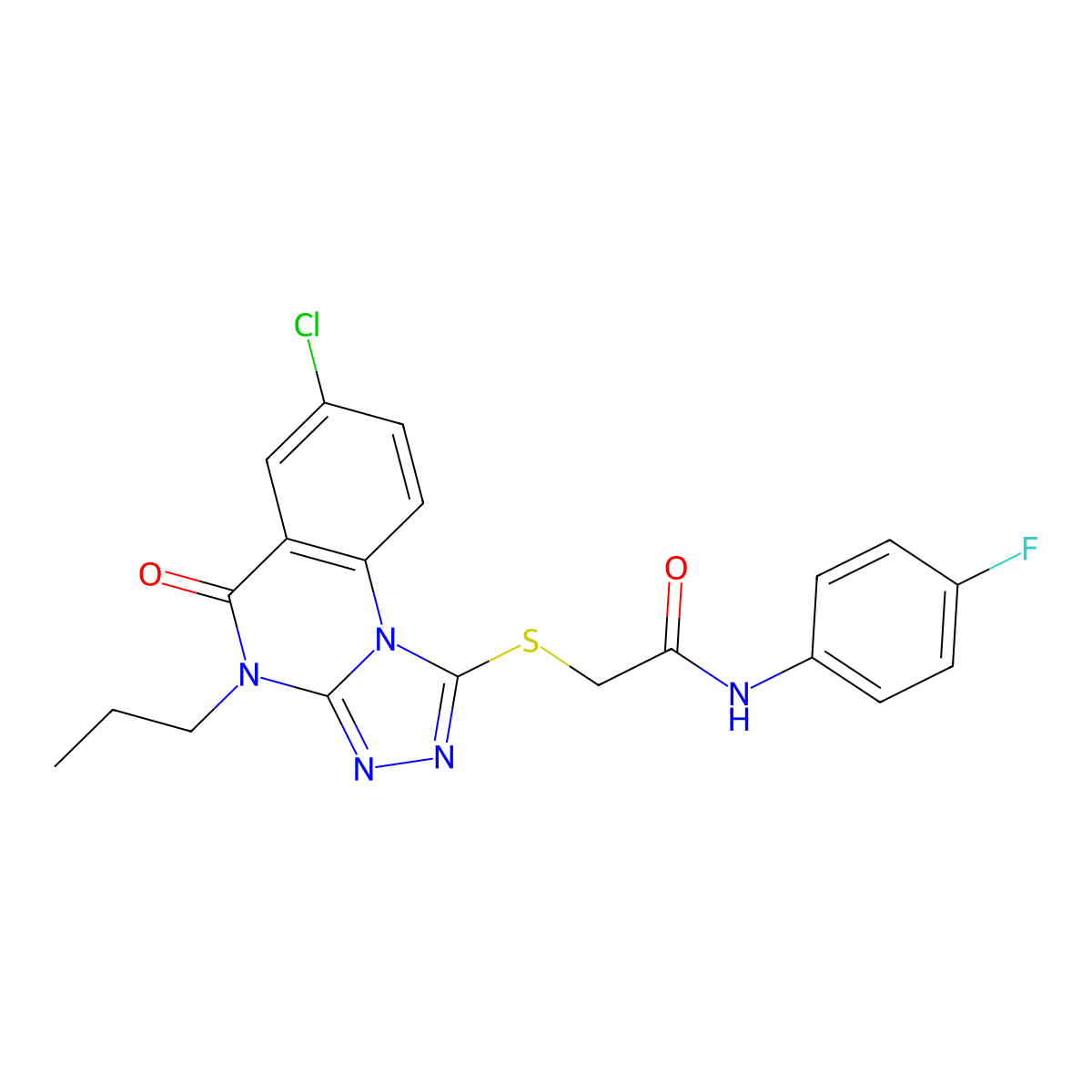 2-((7-chloro-5-oxo-4-propyl-4,5-dihydro-[1,2,4]triazolo[4,3-a]quinazolin-1-yl)thio)-N-(4-fluorophenyl)acetamide molecular structure, CAS 1110963-21-7