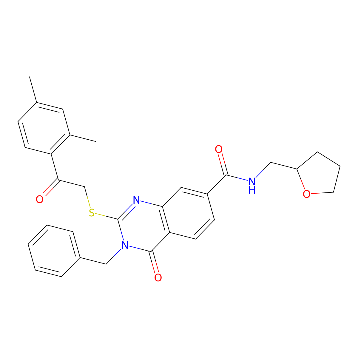 3-benzyl-2-{[2-(2,4-dimethylphenyl)-2-oxoethyl]sulfanyl}-4-oxo-N-[(oxolan-2-yl)methyl]-3,4-dihydroquinazoline-7-carboxamide molecular structure, CAS 1110965-52-0