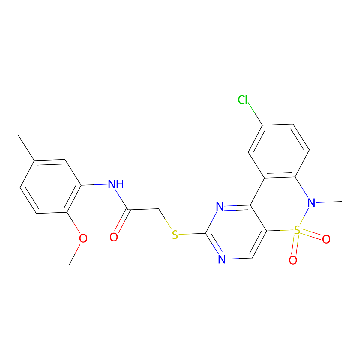 2-((9-chloro-6-methyl-5,5-dioxido-6H-benzo[c]pyrimido[4,5-e][1,2]thiazin-2-yl)thio)-N-(2-methoxy-5-methylphenyl)acetamide molecular structure, CAS 1110973-87-9