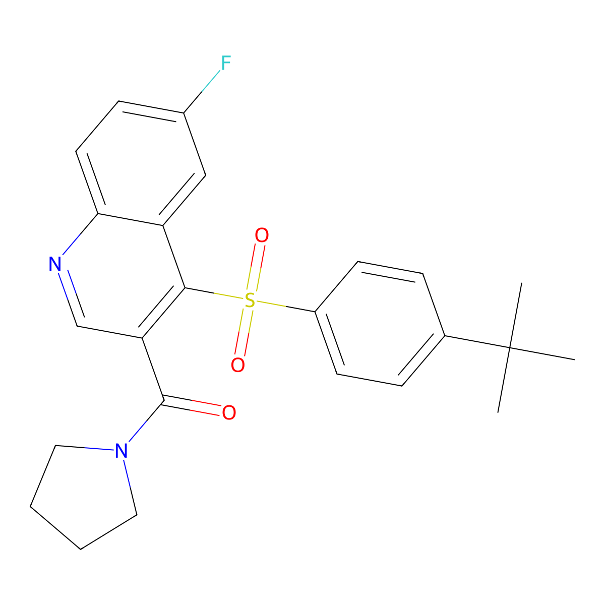 4-(4-Tert-butylbenzenesulfonyl)-6-fluoro-3-(pyrrolidine-1-carbonyl)quinoline molecular structure, CAS 1110976-60-7