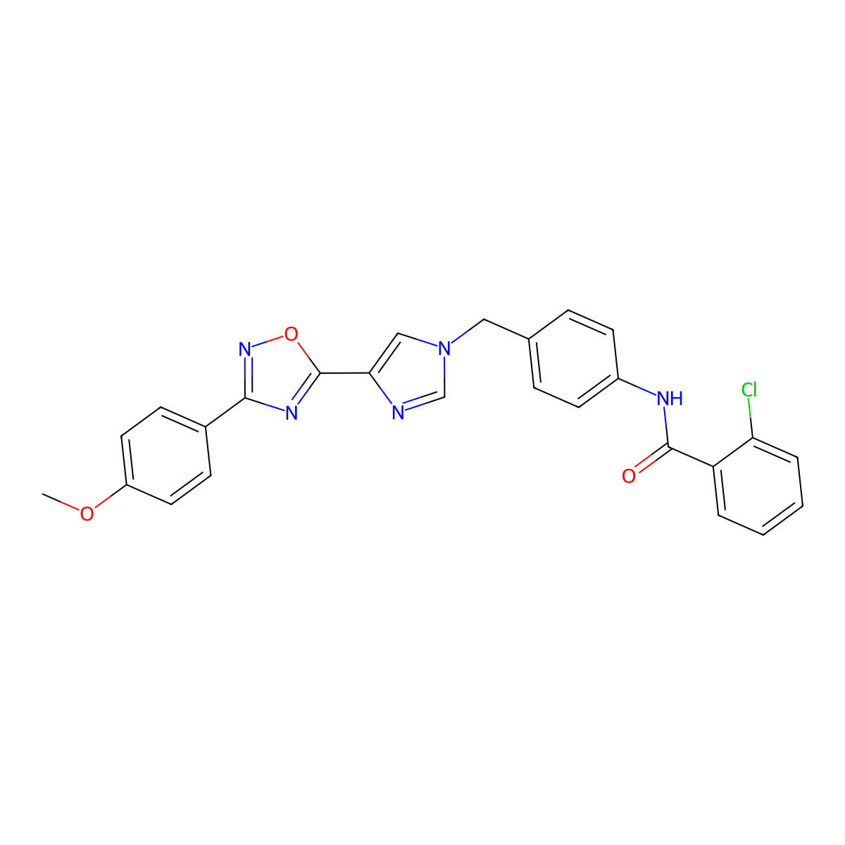 2-chloro-N-(4-((4-(3-(4-methoxyphenyl)-1,2,4-oxadiazol-5-yl)-1H-imidazol-1-yl)methyl)phenyl)benzamide molecular structure, CAS 1110977-91-7