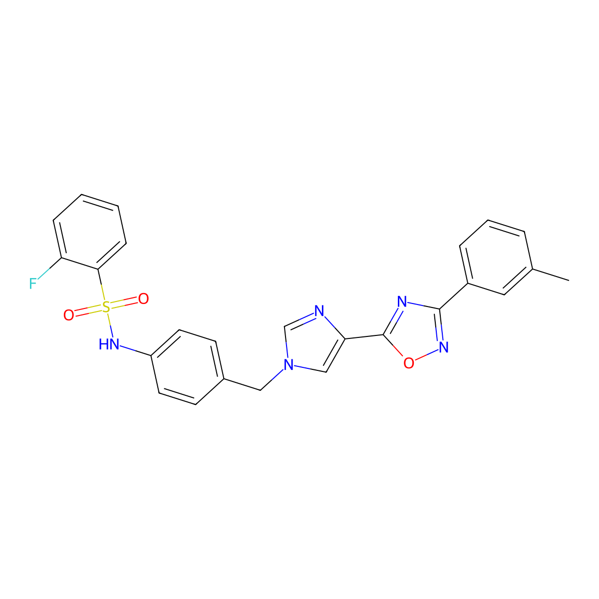 2-fluoro-N-(4-((4-(3-(m-tolyl)-1,2,4-oxadiazol-5-yl)-1H-imidazol-1-yl)methyl)phenyl)benzenesulfonamide molecular structure, CAS 1110978-88-5