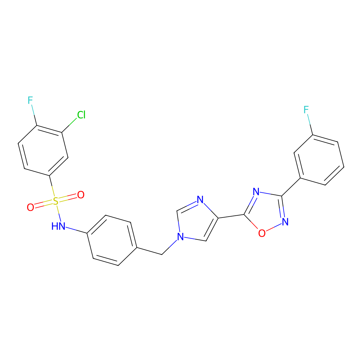 3-chloro-4-fluoro-N-(4-((4-(3-(3-fluorophenyl)-1,2,4-oxadiazol-5-yl)-1H-imidazol-1-yl)methyl)phenyl)benzenesulfonamide molecular structure, CAS 1110979-00-4