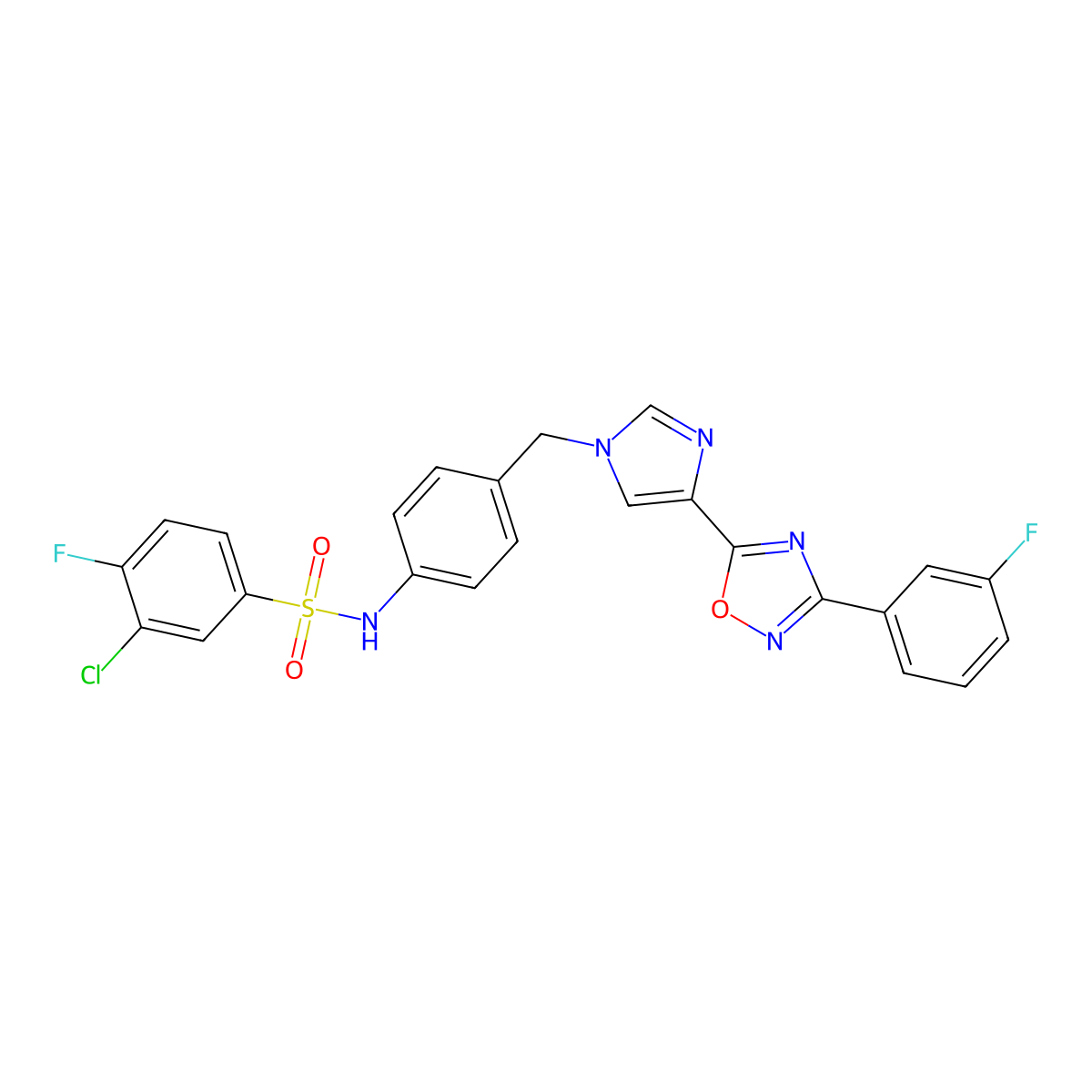 3-chloro-4-fluoro-N-(4-((4-(3-(3-fluorophenyl)-1,2,4-oxadiazol-5-yl)-1H-imidazol-1-yl)methyl)phenyl)benzenesulfonamide molecular structure, CAS 1110979-00-4