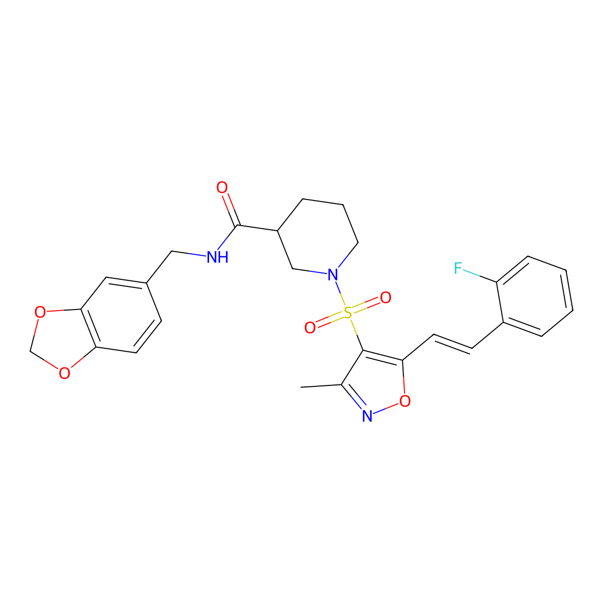 N-(Benzo[d][1,3]dioxol-5-ylmethyl)-1-((5-(2-fluorostyryl)-3-methylisoxazol-4-yl)sulfonyl)piperidine-3-carboxamide molecular structure, CAS 1110982-16-5
