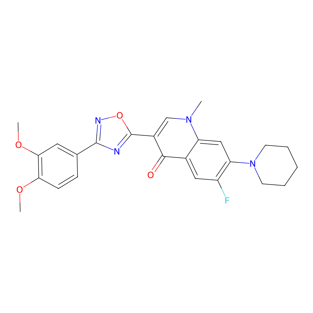3-(3-(3,4-dimethoxyphenyl)-1,2,4-oxadiazol-5-yl)-6-fluoro-1-methyl-7-(piperidin-1-yl)quinolin-4(1H)-one molecular structure, CAS 1110984-36-5