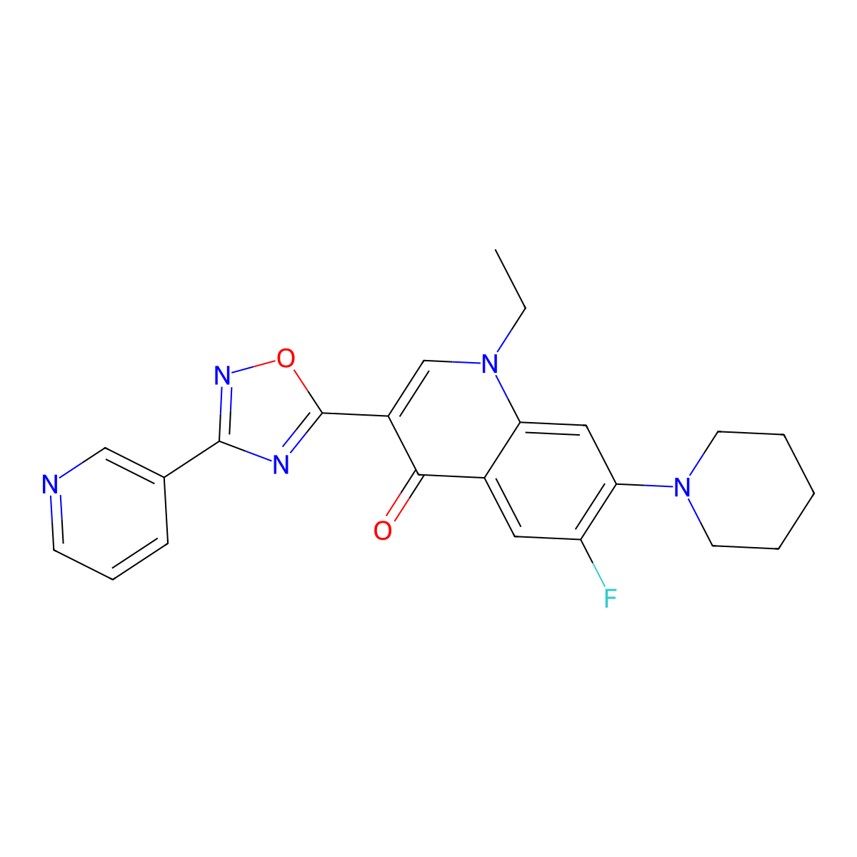 1-ethyl-6-fluoro-7-(piperidin-1-yl)-3-(3-(pyridin-3-yl)-1,2,4-oxadiazol-5-yl)quinolin-4(1H)-one molecular structure, CAS 1110984-54-7