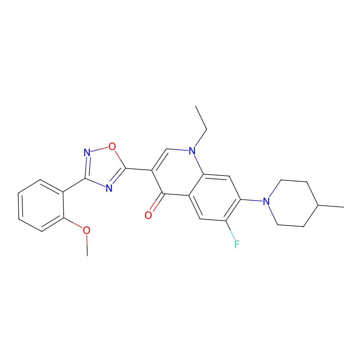 1-ethyl-6-fluoro-3-(3-(2-methoxyphenyl)-1,2,4-oxadiazol-5-yl)-7-(4-methylpiperidin-1-yl)quinolin-4(1H)-one molecular structure, CAS 1110984-99-0