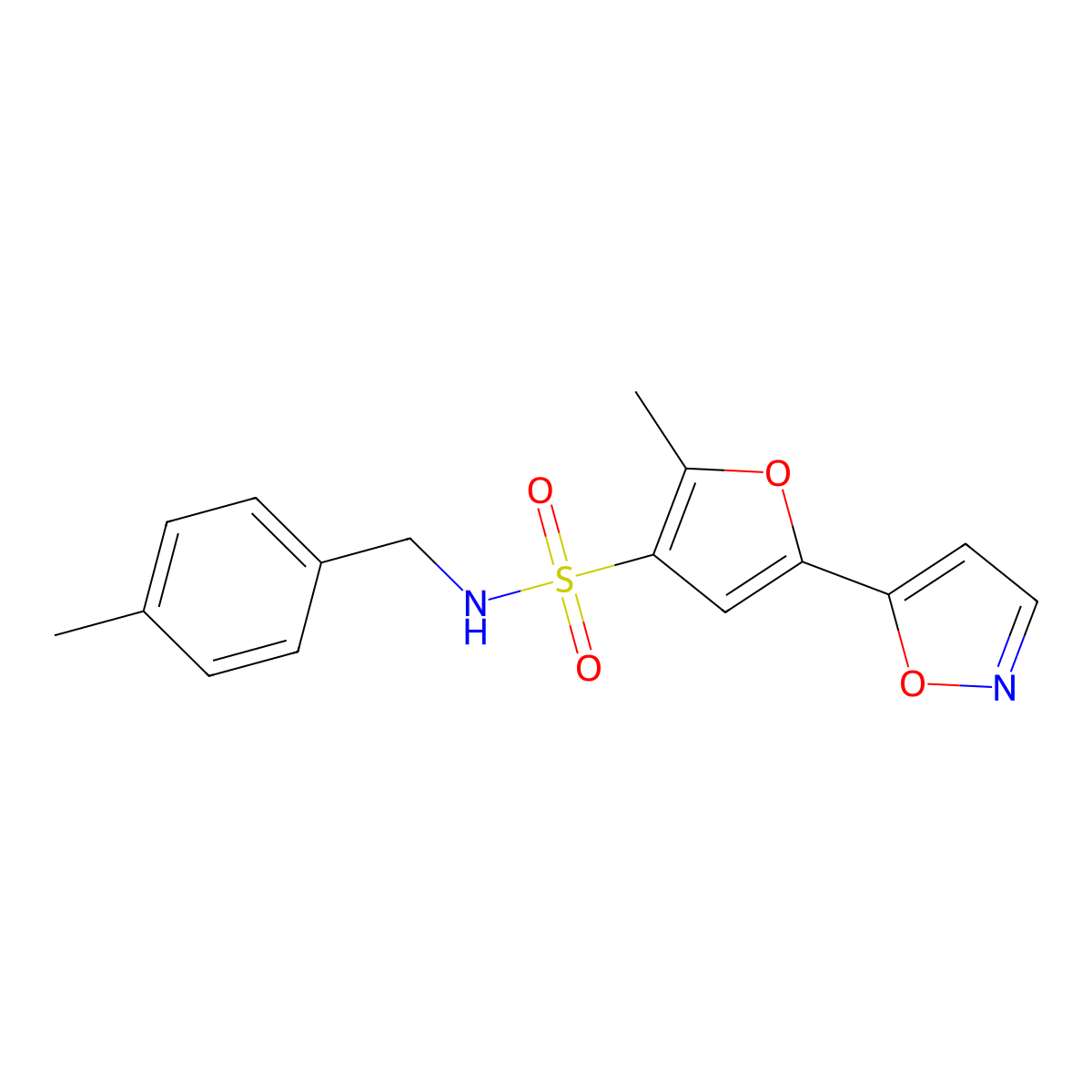 2-methyl-N-[(4-methylphenyl)methyl]-5-(1,2-oxazol-5-yl)furan-3-sulfonamide molecular structure, CAS 1110988-22-1