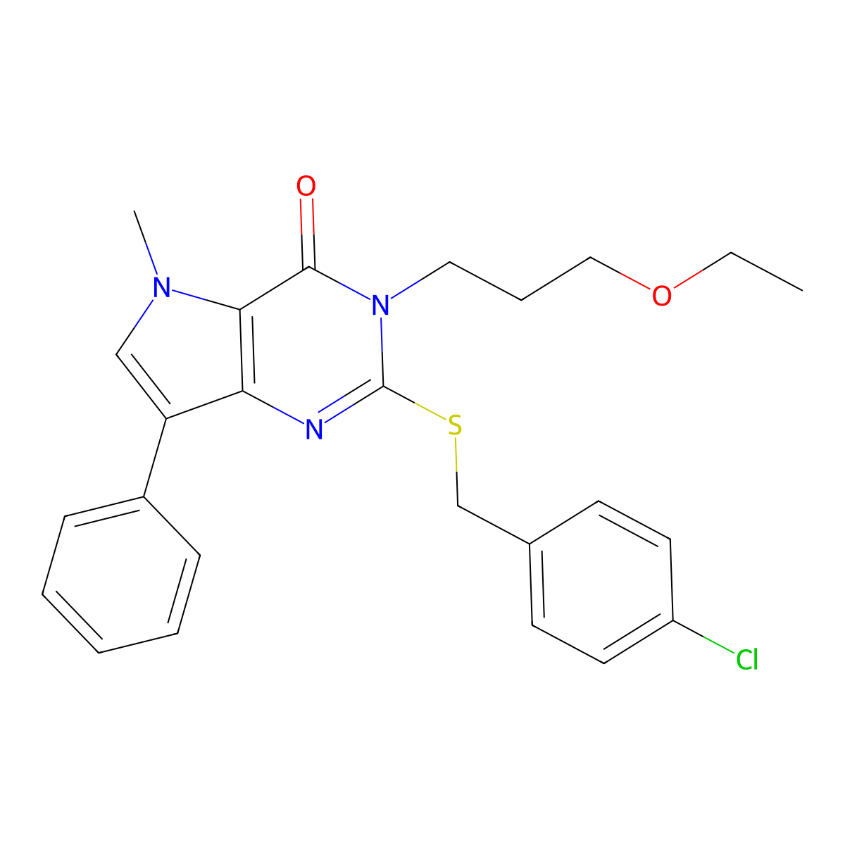 2-((4-chlorobenzyl)thio)-3-(3-ethoxypropyl)-5-methyl-7-phenyl-3H-pyrrolo[3,2-d]pyrimidin-4(5H)-one molecular structure, CAS 1110995-83-9