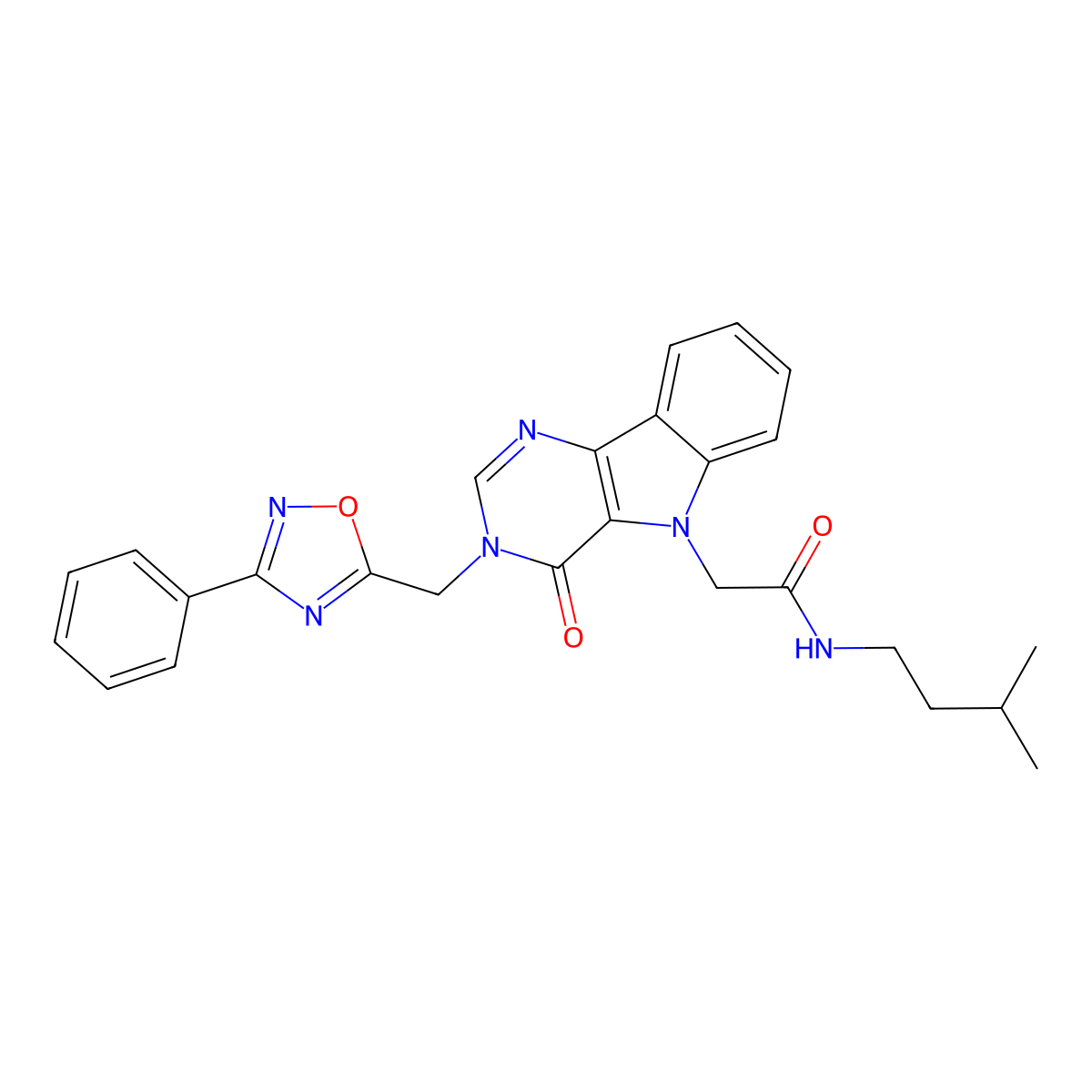 N-isopentyl-2-(4-oxo-3-((3-phenyl-1,2,4-oxadiazol-5-yl)methyl)-3H-pyrimido[5,4-b]indol-5(4H)-yl)acetamide molecular structure, CAS 1111000-46-4