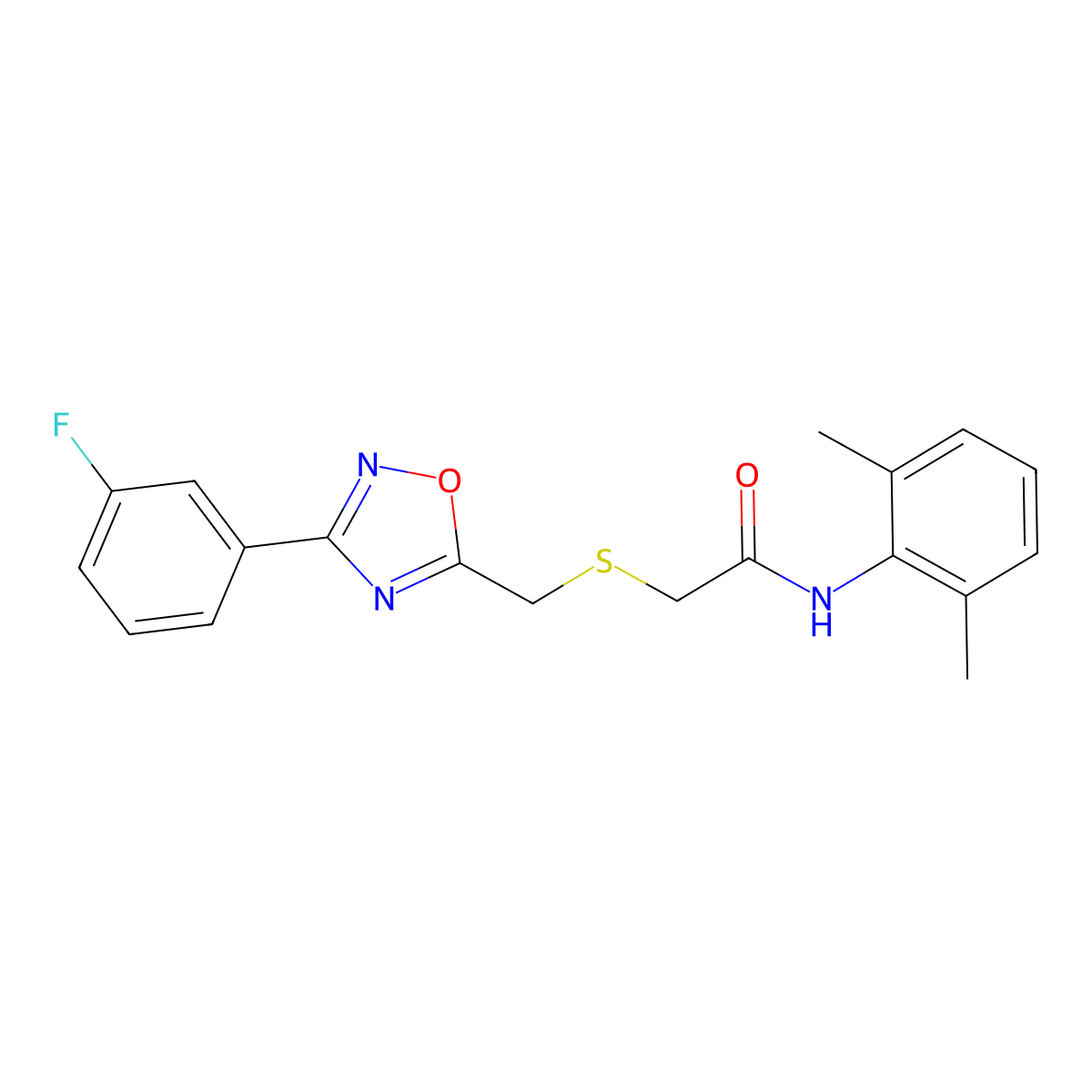N-(2,6-dimethylphenyl)-2-({[3-(3-fluorophenyl)-1,2,4-oxadiazol-5-yl]methyl}thio)acetamide molecular structure, CAS 1111000-65-7
