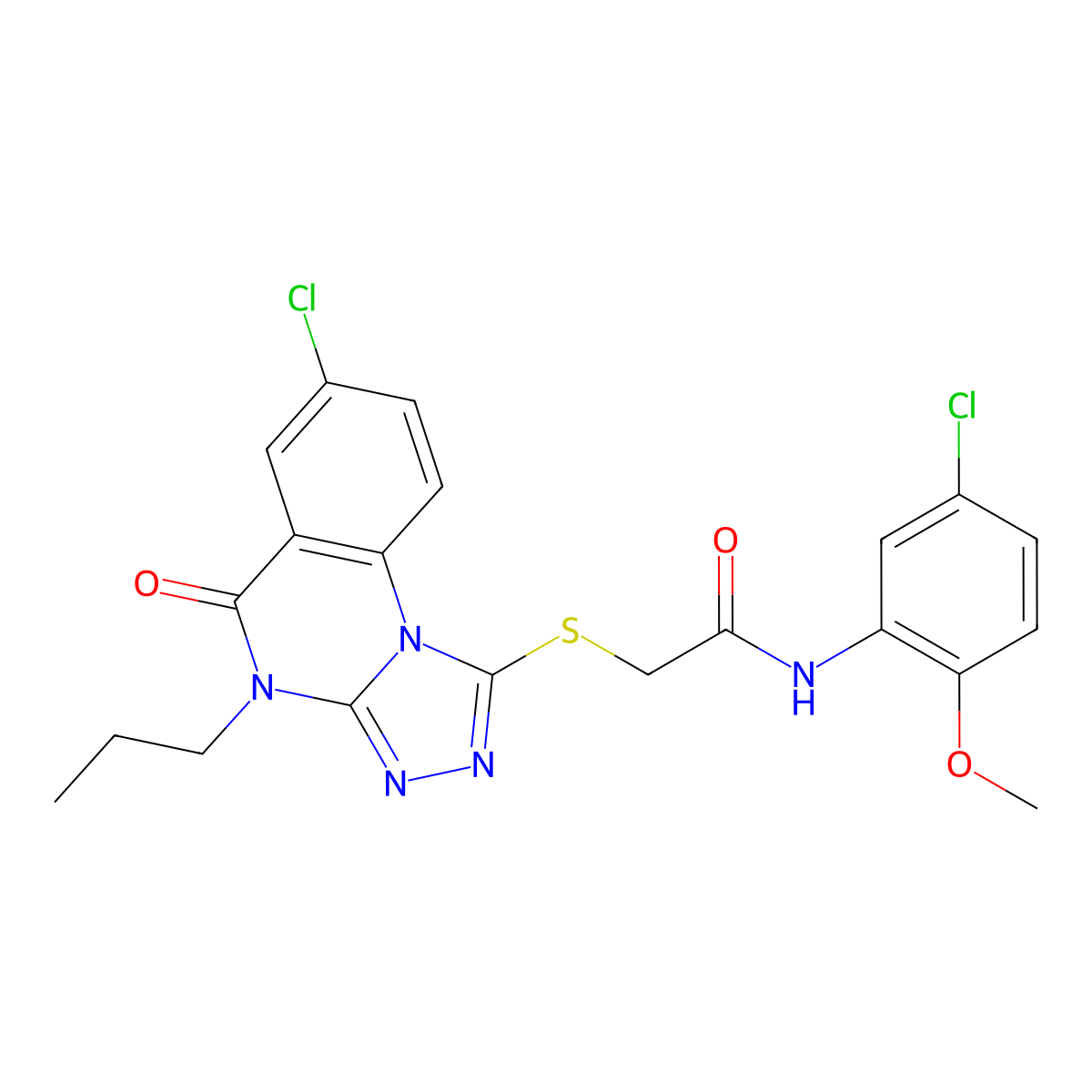 N-(5-chloro-2-methoxyphenyl)-2-[(7-chloro-5-oxo-4-propyl-4,5-dihydro[1,2,4]triazolo[4,3-a]quinazolin-1-yl)thio]acetamide molecular structure, CAS 1111003-37-2