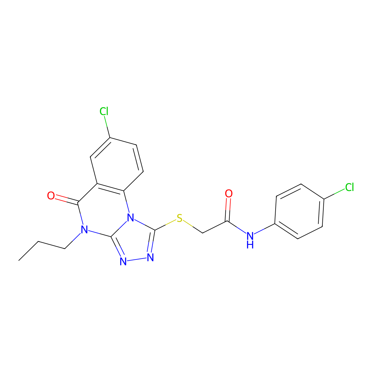 2-((7-chloro-5-oxo-4-propyl-4,5-dihydro-[1,2,4]triazolo[4,3-a]quinazolin-1-yl)thio)-N-(4-chlorophenyl)acetamide molecular structure, CAS 1111003-40-7